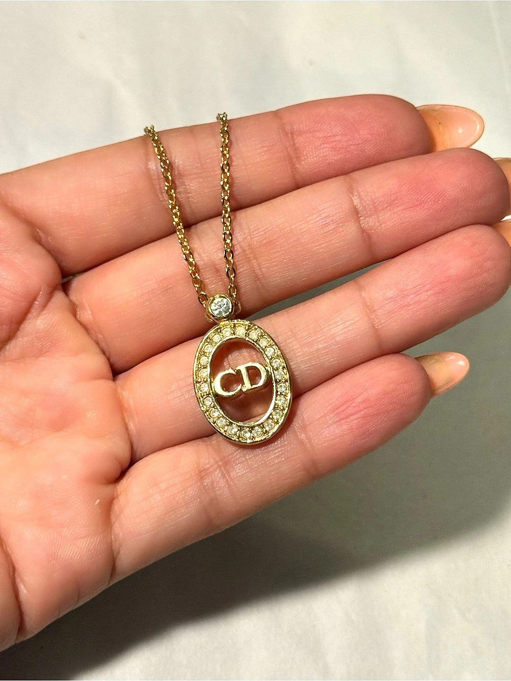 Vintage Dior Oval CD Rhinestone Pendant Necklace Gold Tone